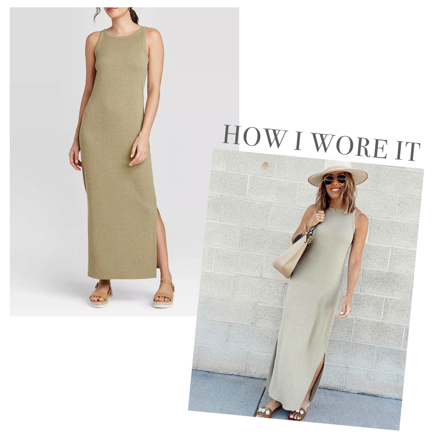 jaime shrayber wearing olive green rib knit maxi dress