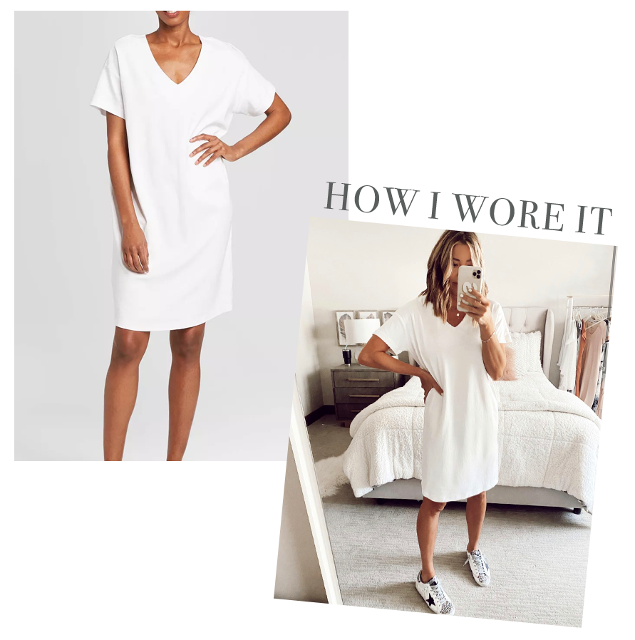 jaime shrayber wearing target white short sleeve vneck tshirt dress