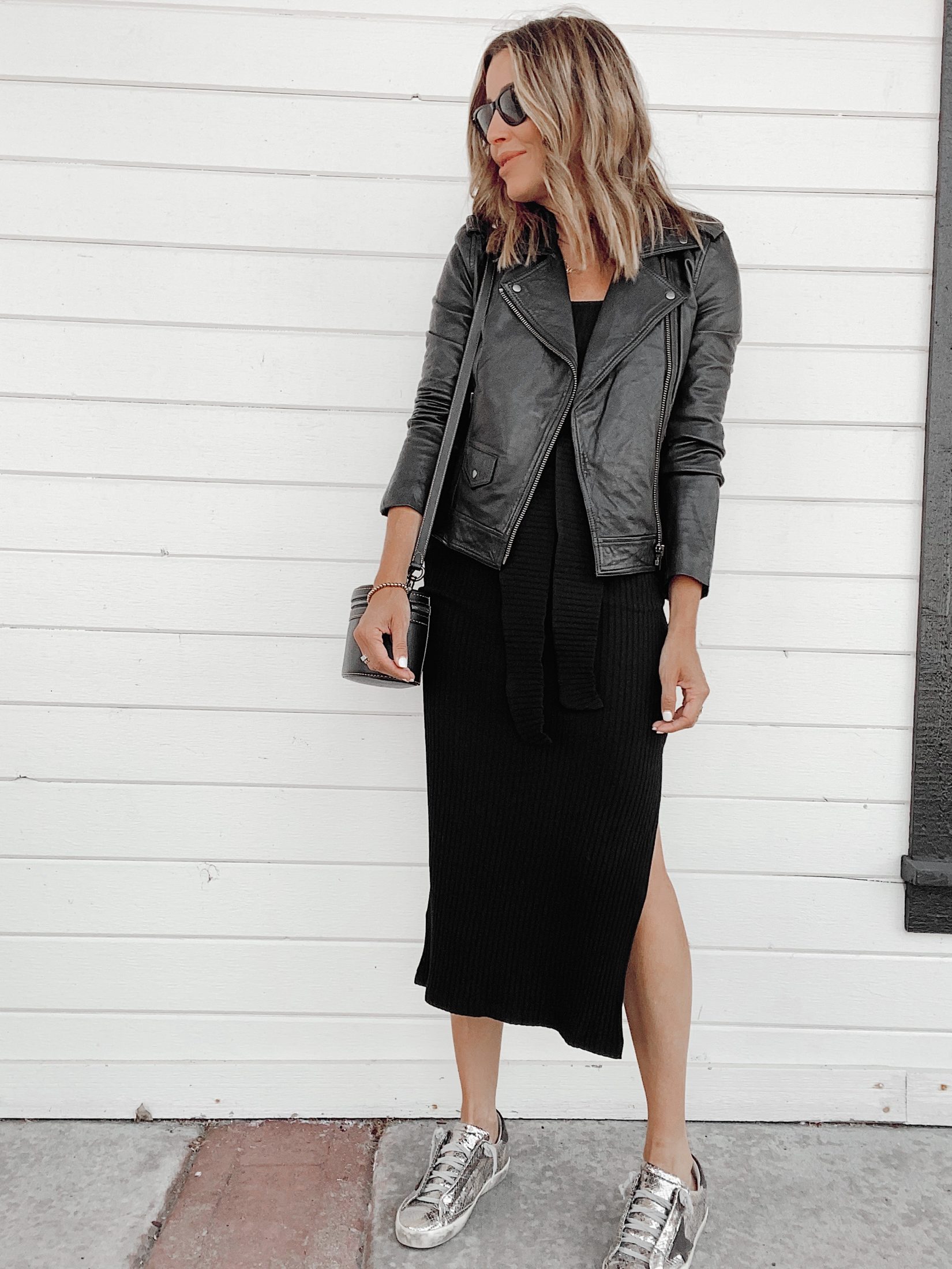 jaime shrayber styling black faux leather biker jacket with black rib knit maxi midi dress for fall 2020