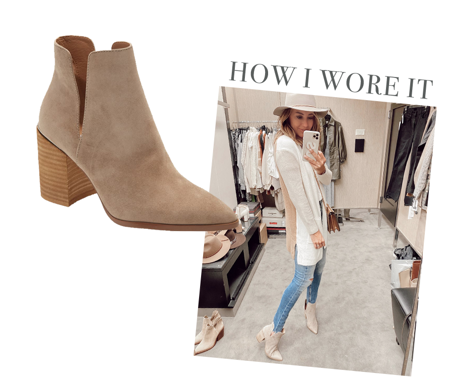 jaime shrayber wearing kaylah pointed toe suede fall booties