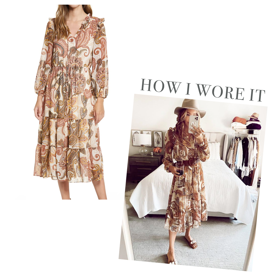 jaime shrayber wearing paisley long sleeve chiffon midi dress