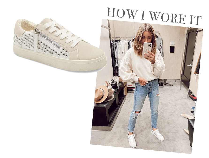 jaime shrayber wearing steve madden white parka studded sneakers