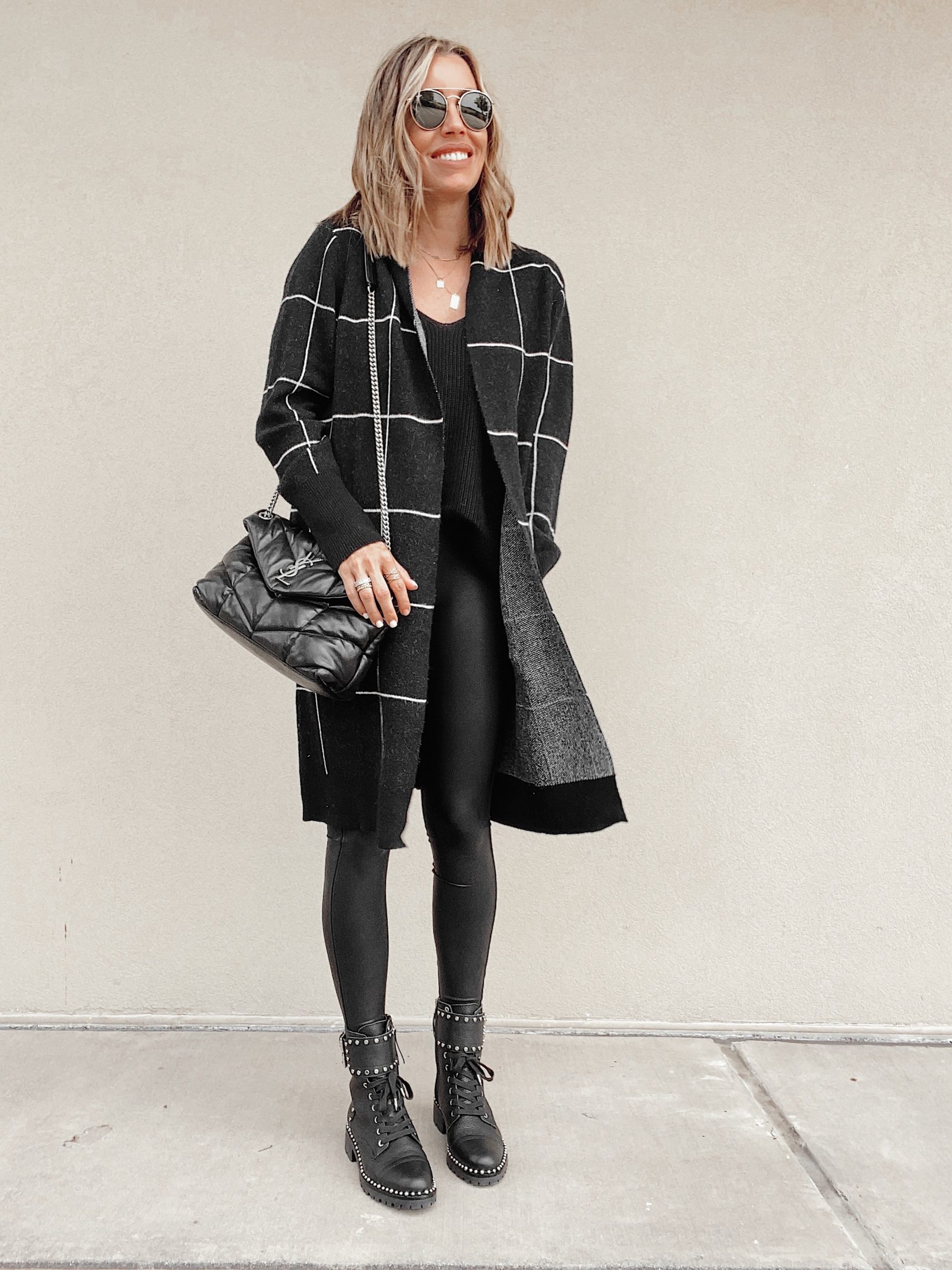 long window pane black cardigan with faux leather leggings fall outfit