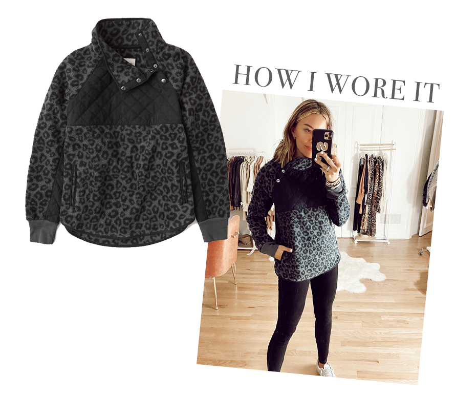 jaime shrayber wearing abercrombie leopard asymmetrical fleece pullover