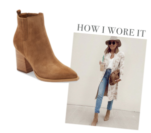 jaime shrayber wearing amazon leopard cardigan and marc fisher brown suede oshay booties