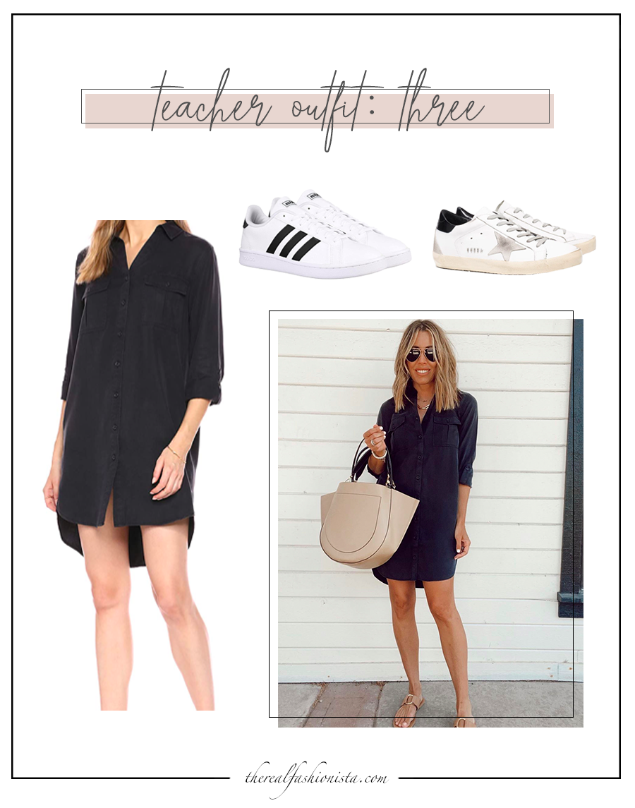 trendy teacher outfit dress with comfy sneakers