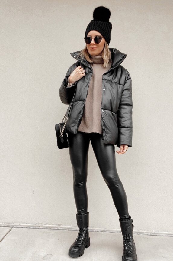 faux leather leggings with black faux leather puffer jacket and combat boots