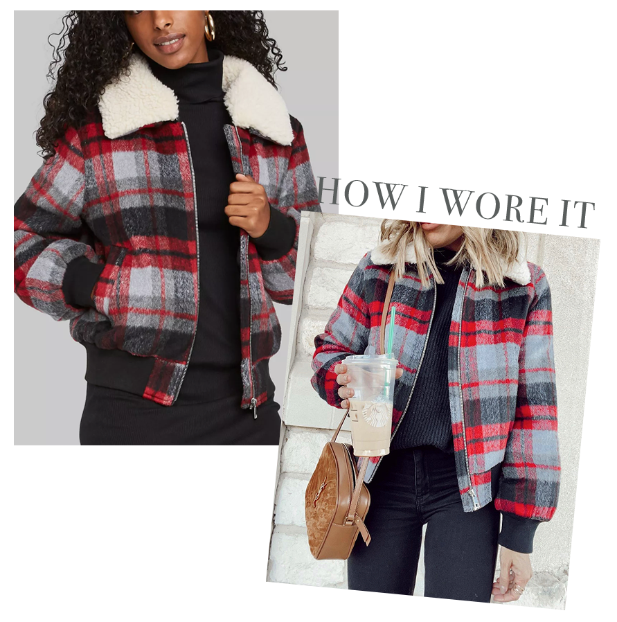 jaime shrayber wearing target red plaid bomber jacket