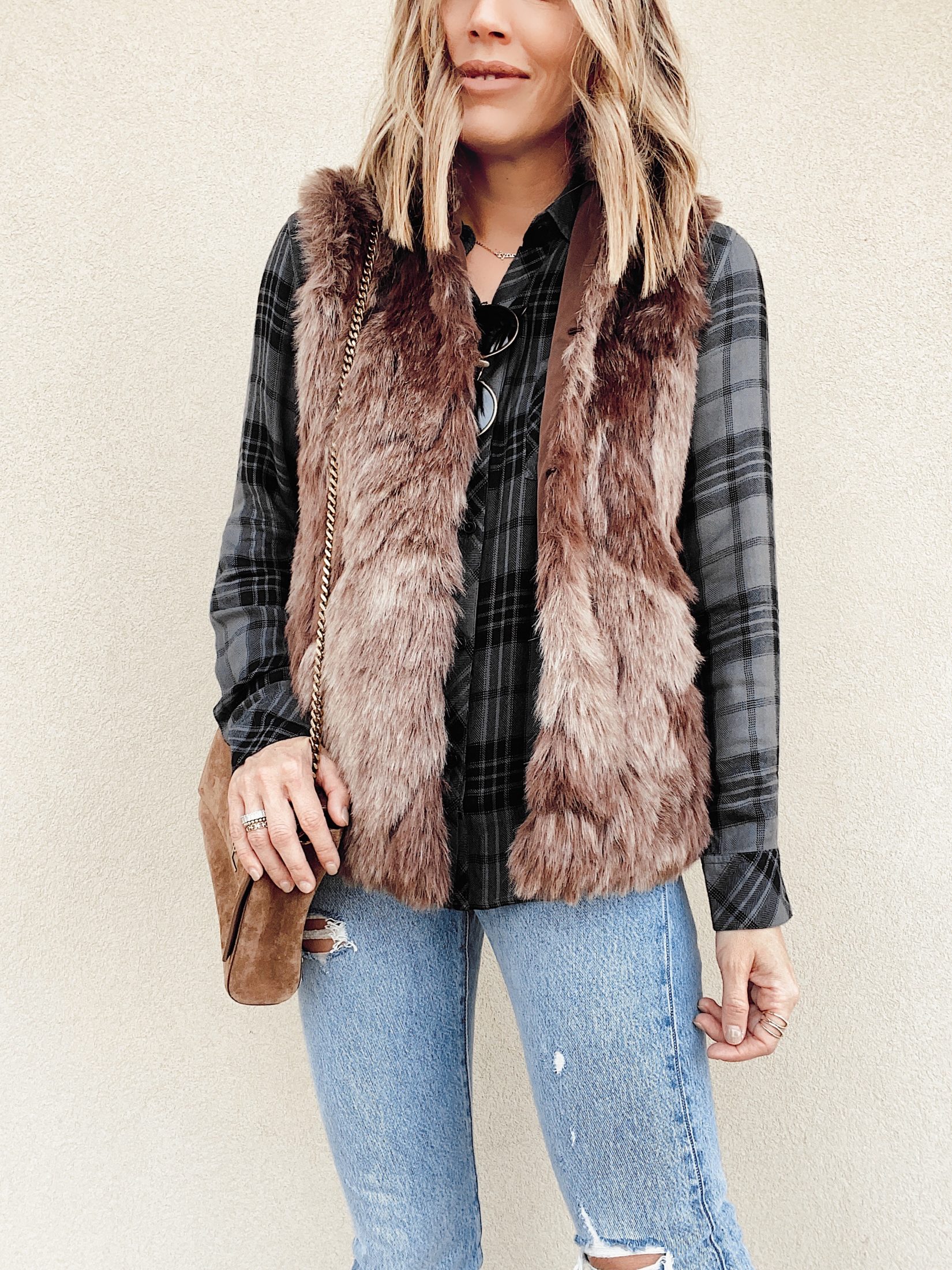 bb dakota brown fur what its worth vest and rails hunter plaid shirt