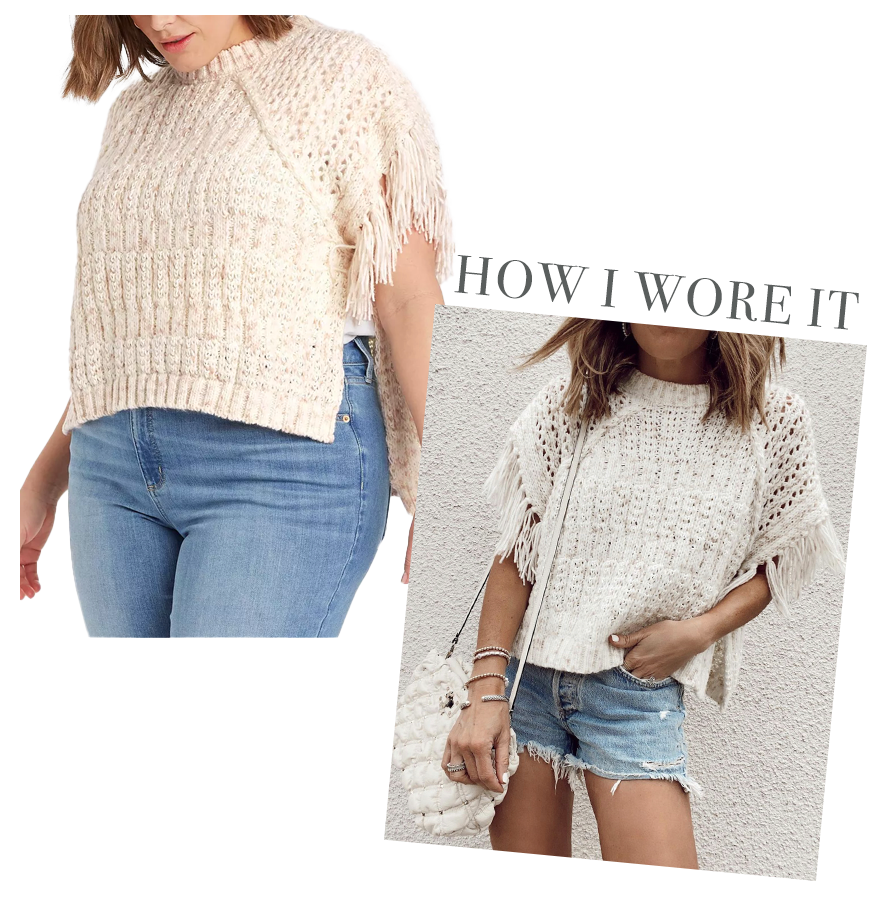 target heather cream fringe poncho with agolde shorts