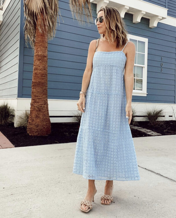 bardot light blue eyelet midi vacation dress