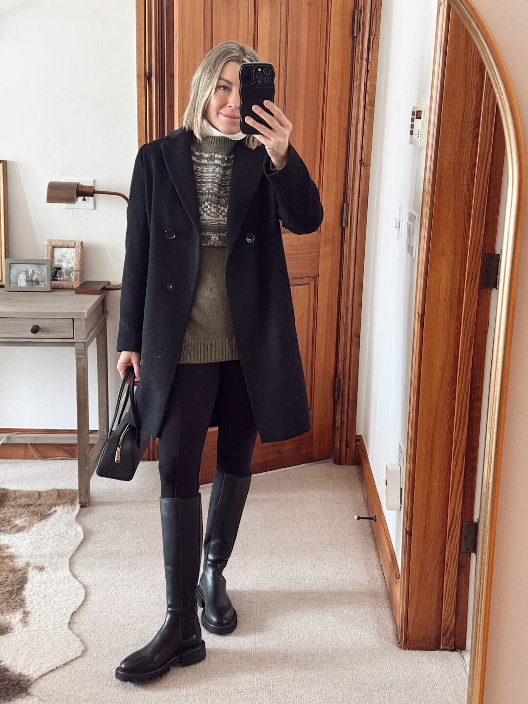 layered olive green sweater outfit idea